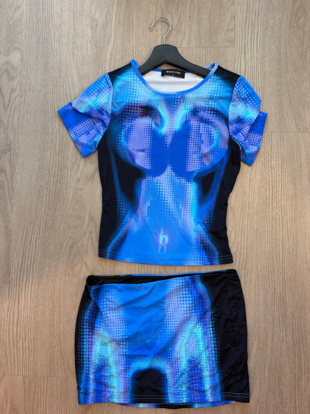 White Fox Boutique Blue and Black Graphic Two-Piece Set